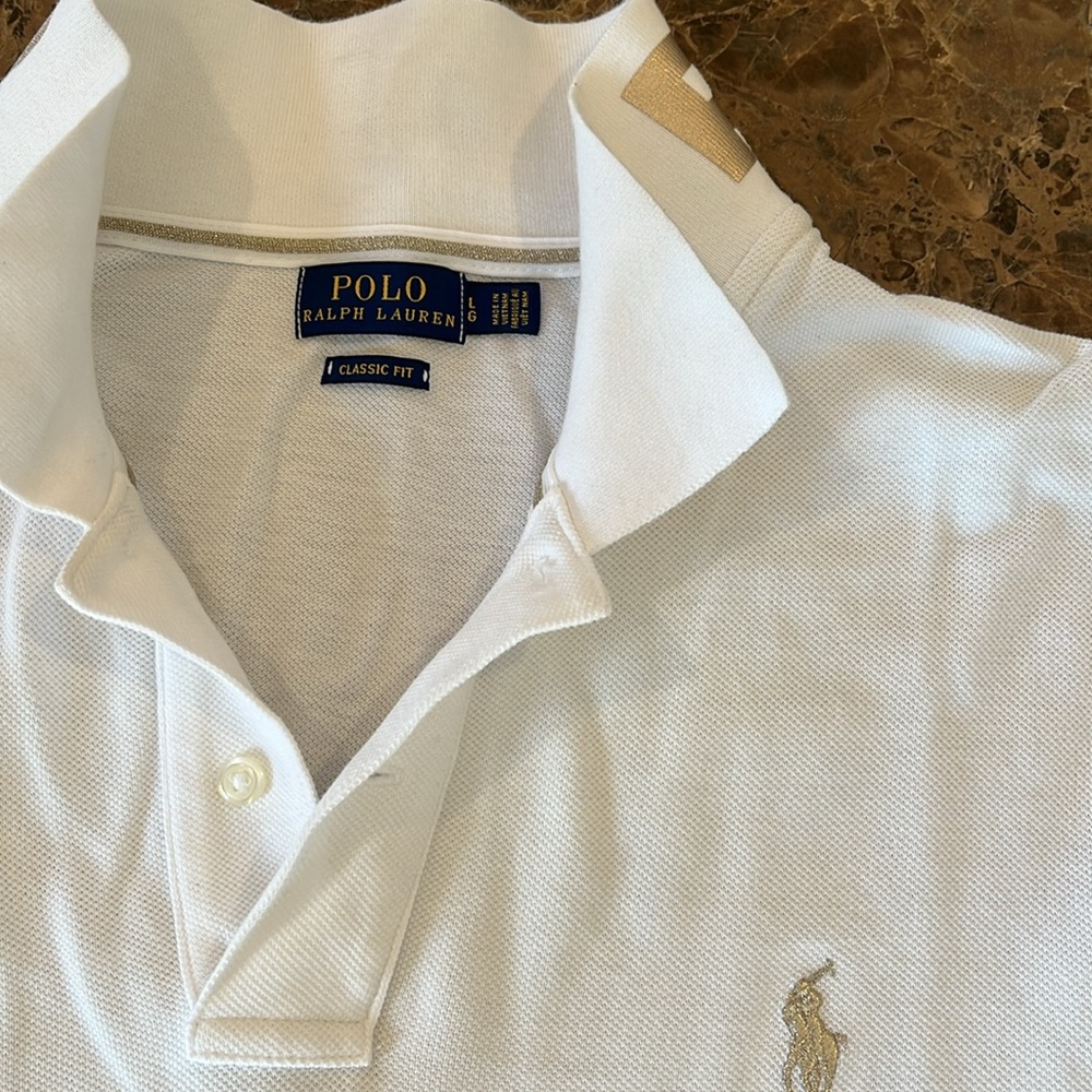 Polo Ralph Lauren Classic Fit Metallic Logo Short Sleeve Mesh Polo Shirt L White